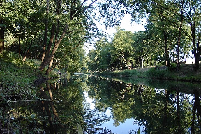 Kanał Bydgoski  - widok od strony wiaduktu kolejowego (6 czerwca 2003 r.) : lato, kanał bydgoski, park, bydgoszcz