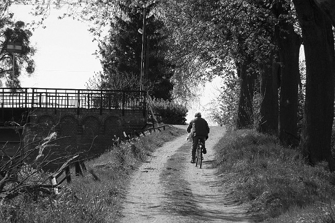 Rowerzysta  Kanał Bydgoski - śluza Osowa Góra : kanał bydgoski, fotografia czarno-biała, janusz michalski