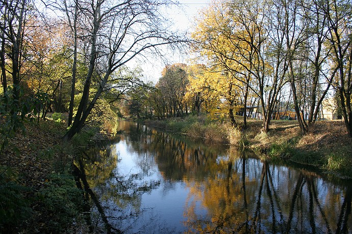 Kanał Bydgoski jesienią  na wysokości osiedla Miedzyń, patrząc od wiaduktu kolejowego w kierunku ul. Bronikowskiego : kanał bydgoski, jesień, janusz michalski